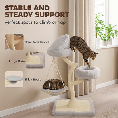 PawHut 115cm Modern Cat Tree | Branch-Style Sisal Scratching Post | 2 Washable Beds & Hanging Hammock | 60cm Base | Light Grey | For 1 Cat up to 6kg