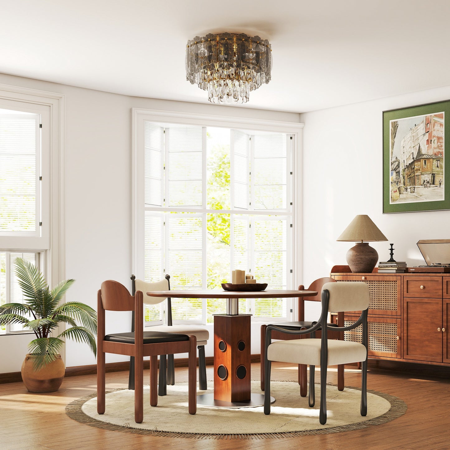 Chandelier Ceiling Light, 3-Light Vintage Flush Mount Fixture with Dual Crystal and Smoke Glass Shade, LED Ceiling Light for Living Room Bedroom, 3 E27 Sockets, Bulbs Not Included, Gold Tone