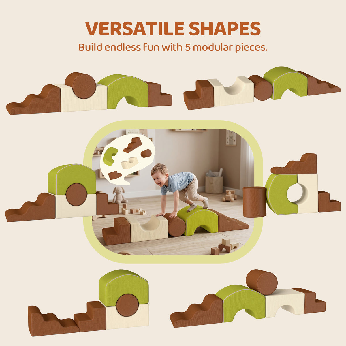 5-Piece Foam Climbing Blocks | Soft Play Set | Non-Slip Base | Washable Covers | 45kg | Ages 3–6 | Brown