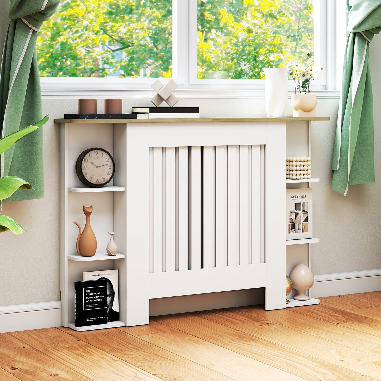 Radiator Cover with Open Storage Shelves, Vertical Slatted Cabinet Shelf Heater Cover for Living Room, Hallway, Medium, White (H: 83 / W: 124 / D: 19 cm)