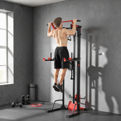 SPORTNOW Power Tower with Lat Pull Down Machine, Pull Up Bar, Dip Station, Adjustable Height Power Pack for Home Gym