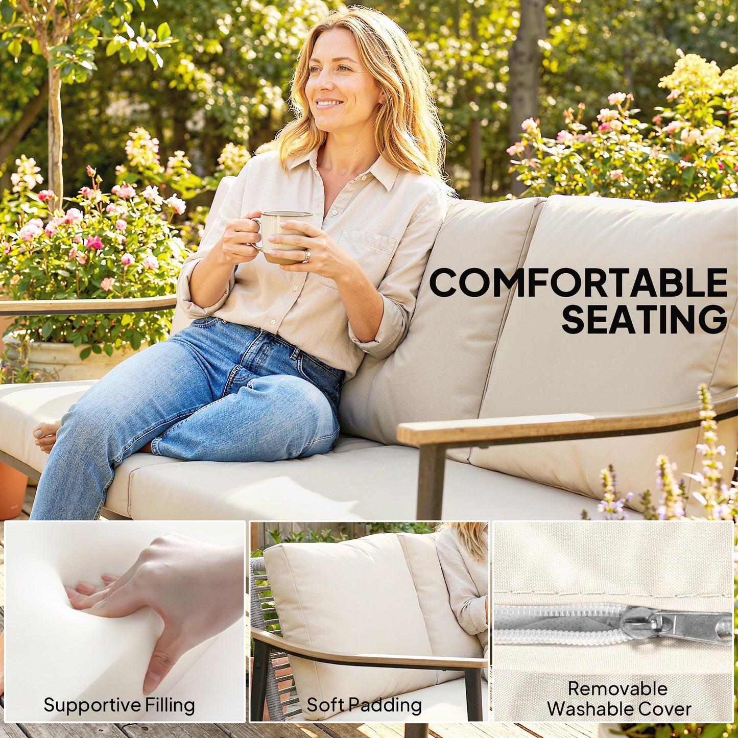 3 Seater Rattan Garden Sofa | Wood-Effect Armrests | Cut-Out PE Wicker Backrest | 8cm Seat & 12cm Back Cushions | Tapered Legs | Steel Frame | 360kg | 176x75x78cm | Khaki