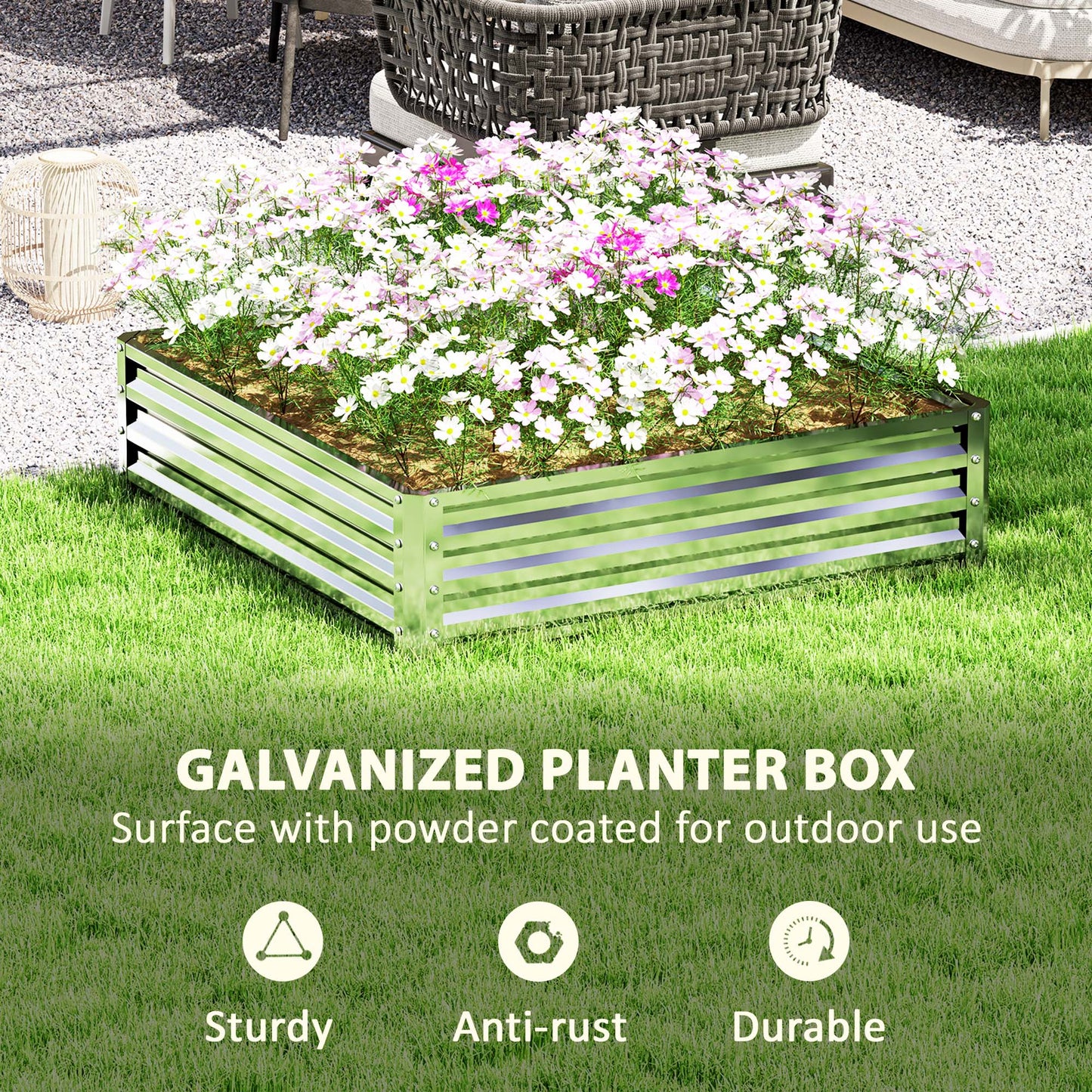 Square Galvanised Steel Raised Garden Bed | Open Bottom | 30cm High Panels | Slot-Together Assembly | Year-Round Outdoor Use | 120x120x30cm | Silver