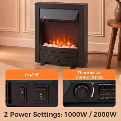Electric Fireplace | 1000W/2000W Freestanding & Inset Fire | LED Flame & White Pebbles | Adjustable Thermostat | Black or Gold