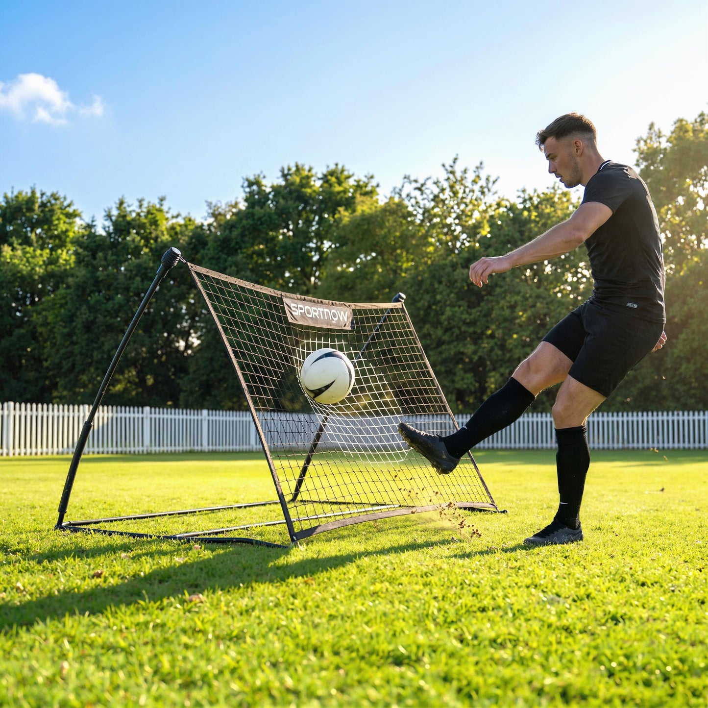 Portable Football Rebounder Net | 140x90cm | Tetoron Net | Steel & Fibreglass Frame | Carry Bag | Ground Stakes | Black