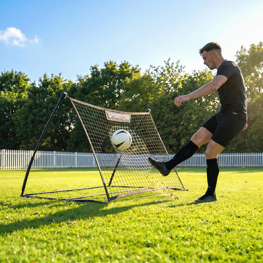 Portable Football Rebounder Net | 140x90cm | Tetoron Net | Steel & Fibreglass Frame | Carry Bag | Ground Stakes | Black