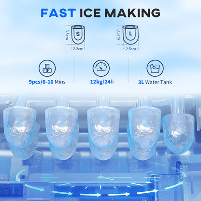 3L Ice Maker Machine and Water Dispenser, 12kg in 24H, 2 Sizes 9 Ice Cubes Ready in 6-10 Mins Ice Machine, Red