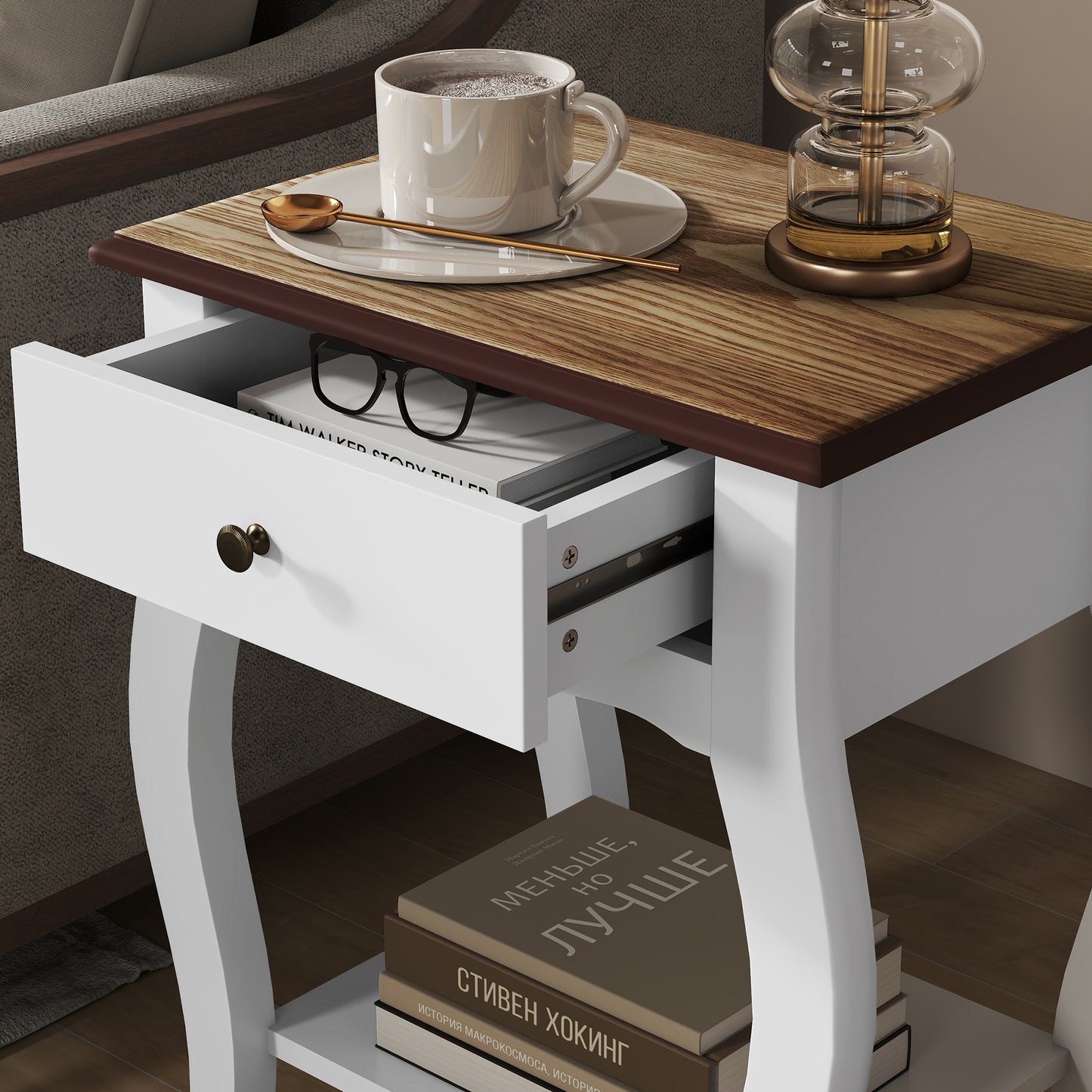 2 Pieces Bedside Tables with Drawer, French Style Bedside Cabinets with Open Shelf for Bedroom, Living Room, White