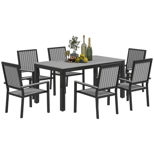 6 Seater Garden Dining Set with Stackable Chairs, Aluminium Frame, Rectangular Plastic Top, Garden Furniture Set, Outdoor Dining Table and Chairs
