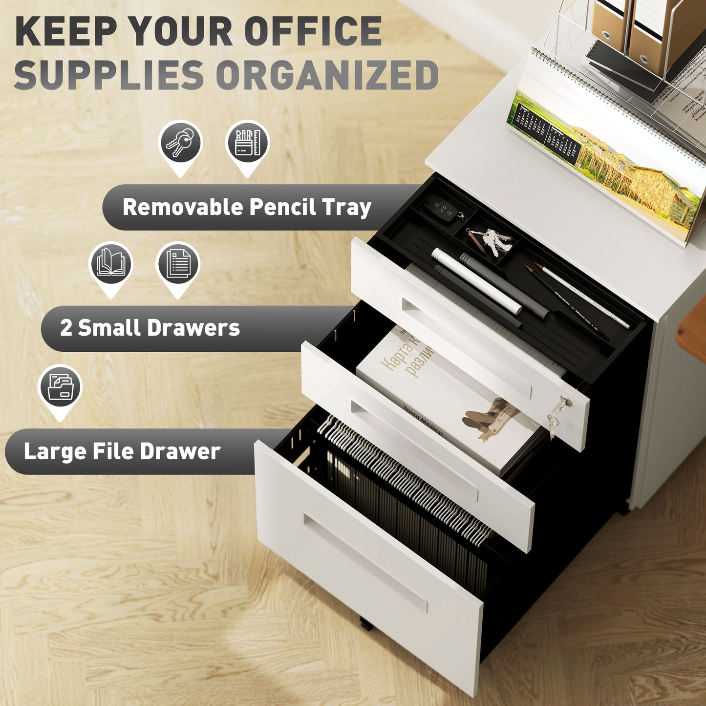 3 Drawer Mobile Metal Filing Cabinet | Under Desk | 39x48x60cm | Lockable | A4 Legal Letter | Pencil Tray | 4 Wheels 2 Brakes | Pre-Assembled | 30kg | White