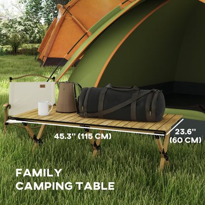 Outsunny Portable Camping Table, Aluminium Folding Table with Roll-Up Top, Picnic Table for Indoor, Outdoor, Party, BBQ, Beach, Natural Wood Effect