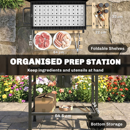 Barrel Charcoal BBQ Smoker | 2500cm² Grill | Warming Rack | Lid Thermometer | Foldable Shelves | Black