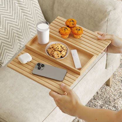 Bamboo Sofa Arm Tray | Foldable | 2cm Recessed Anti-Slip Tray | Drinks & Snacks | No Assembly | Natural Wood Finish