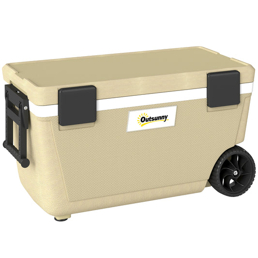 Outsunny 70L Insulated Cool Box with Wheels, Portable Ice Cooler with Handle, Lid and Drain Valve, Khaki