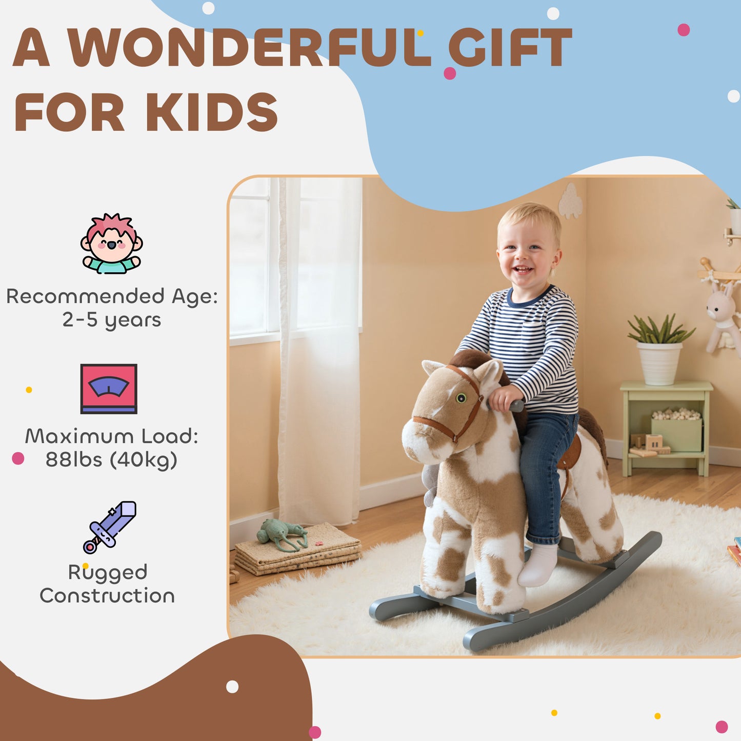 AIYAPLAY Baby Rocking Horse, Plush Animal Rocker with Realistic Sound and Toy, Rocking Toy Chair for Kids Aged 2-5, Brown