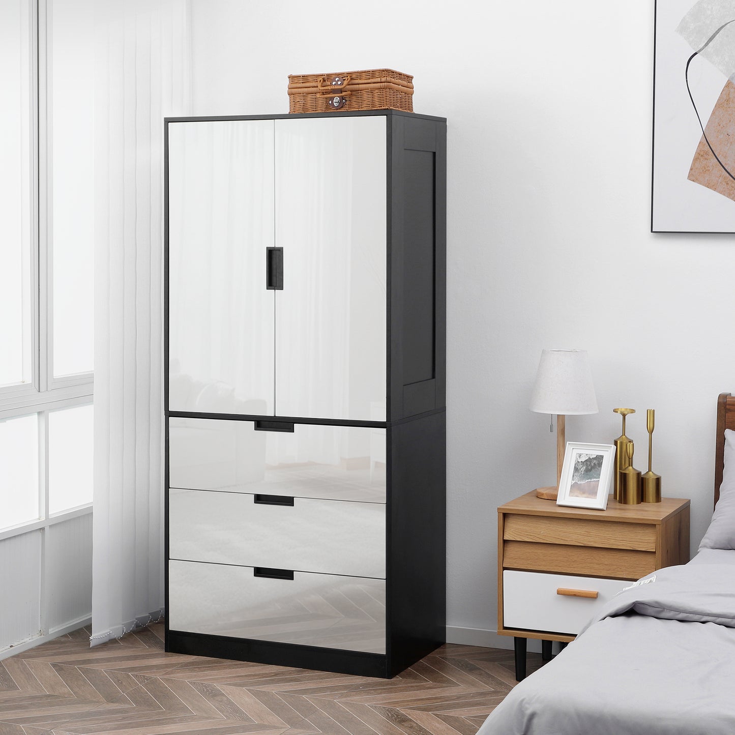 2 Door Wardrobe, Modern Wardrobe with 3 Drawers and Hanging Rod for Bedroom, High Gloss White