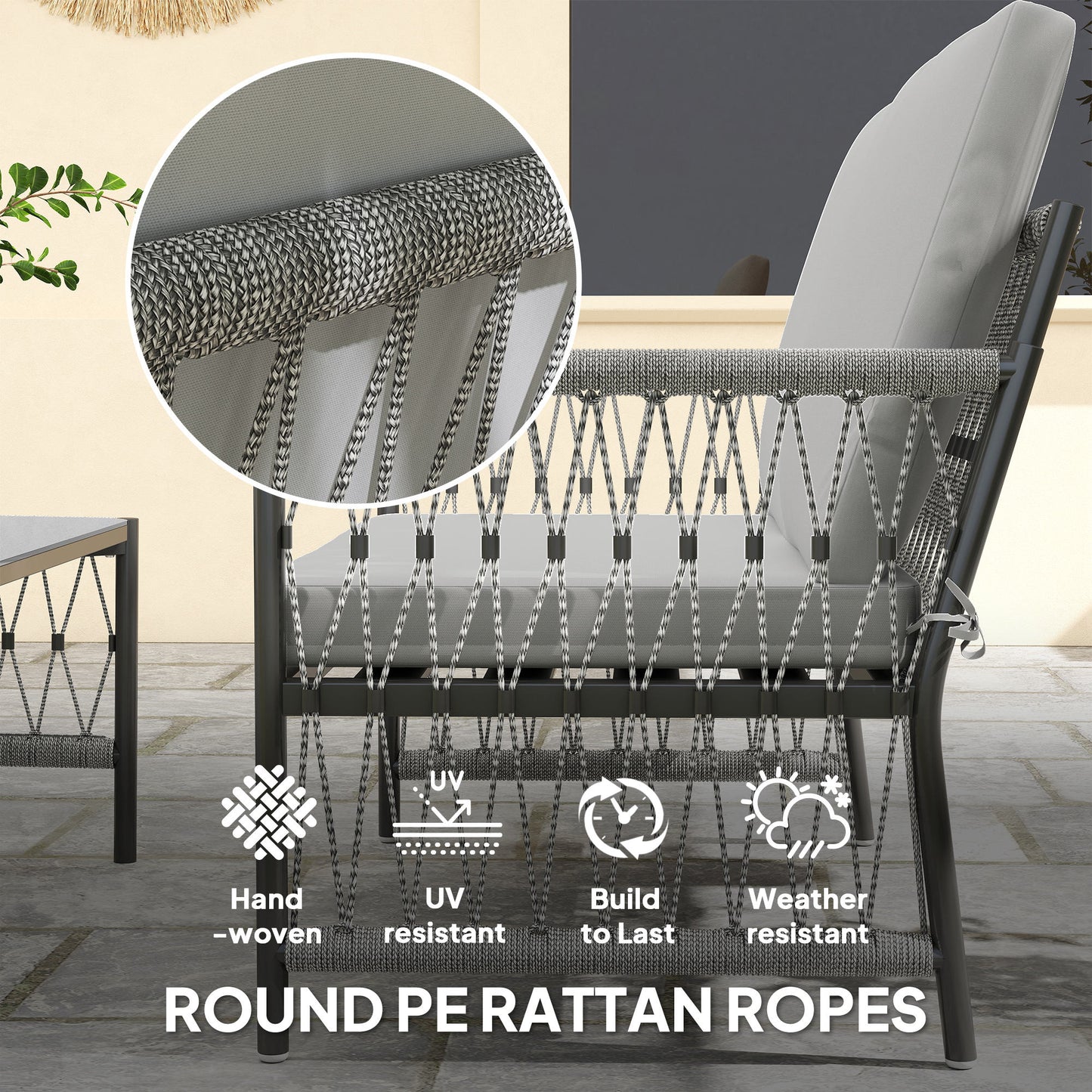 Outsunny 4 Piece Rattan Garden Furniture Set, 4 Seater Wicker Patio Conversation Set with 2 Armchairs, Loveseat, Glass Top Coffee Table and Cushions