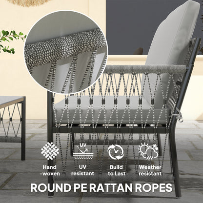 Outsunny 4 Piece Rattan Garden Furniture Set, 4 Seater Wicker Patio Conversation Set with 2 Armchairs, Loveseat, Glass Top Coffee Table and Cushions