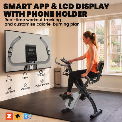 4-in-1 Folding Exercise Bike | Upright & Recumbent | Resistance Bands | Bluetooth App Compatible | 8-Level Magnetic Resistance | 40dB | LCD Display | Folds to 53.5x48x135cm | 120kg | Grey