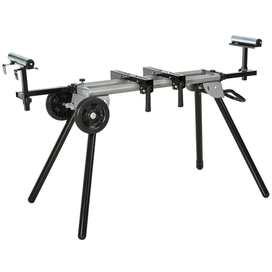 Mitre Saw Stand with Extensions, Sawhorse For Cutting Wood, Logs Foldable with Wheels Max Load 150 Kg, Black and Grey