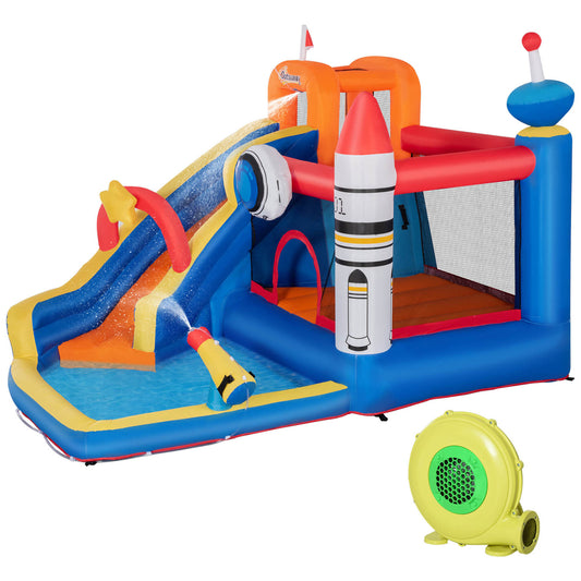 5 in 1 Kids Bounce Bouncy Castle Large Water Space Style Inflatable House Slide Trampoline Pool Water Gun Climbing Wall  Inflator + Carrybag for Kids Age 3-8