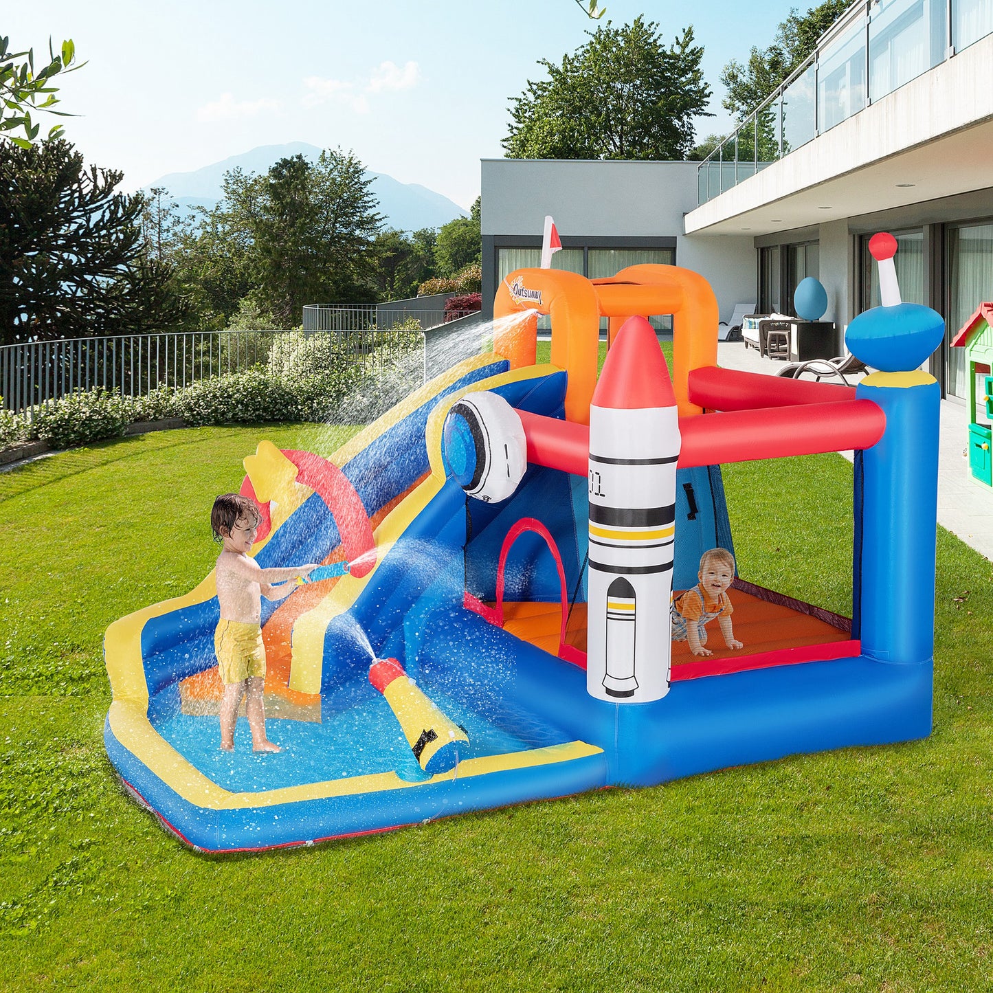 5 in 1 Kids Bounce Bouncy Castle Large Water Space Style Inflatable House Slide Trampoline Pool Water Gun Climbing Wall  Inflator + Carrybag for Kids Age 3-8