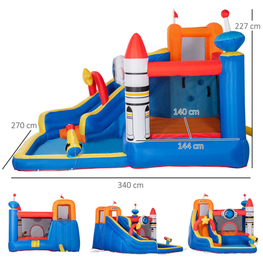 5 in 1 Kids Bounce Bouncy Castle Large Water Space Style Inflatable House Slide Trampoline Pool Water Gun Climbing Wall  Inflator + Carrybag for Kids Age 3-8