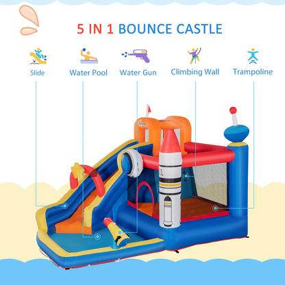 5 in 1 Kids Bounce Bouncy Castle Large Water Space Style Inflatable House Slide Trampoline Pool Water Gun Climbing Wall  Inflator + Carrybag for Kids Age 3-8