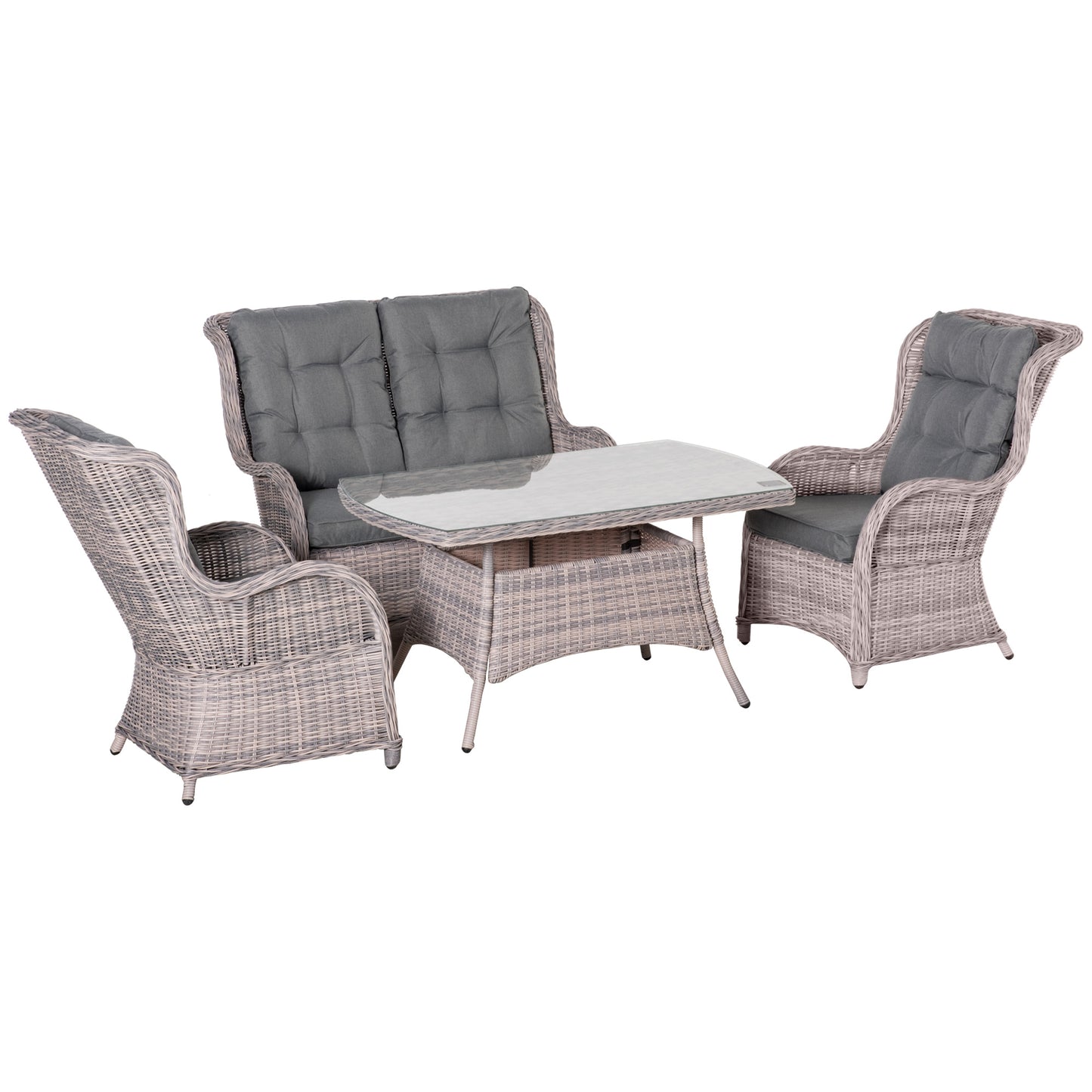 Outsunny Garden PE Rattan Sofa Set, Outdoor 4 Seater Wicker Furniture, High Back Chairs with Cushions, Tempered Glass Coffee Table for Lawn, Backyard, Mixed Grey