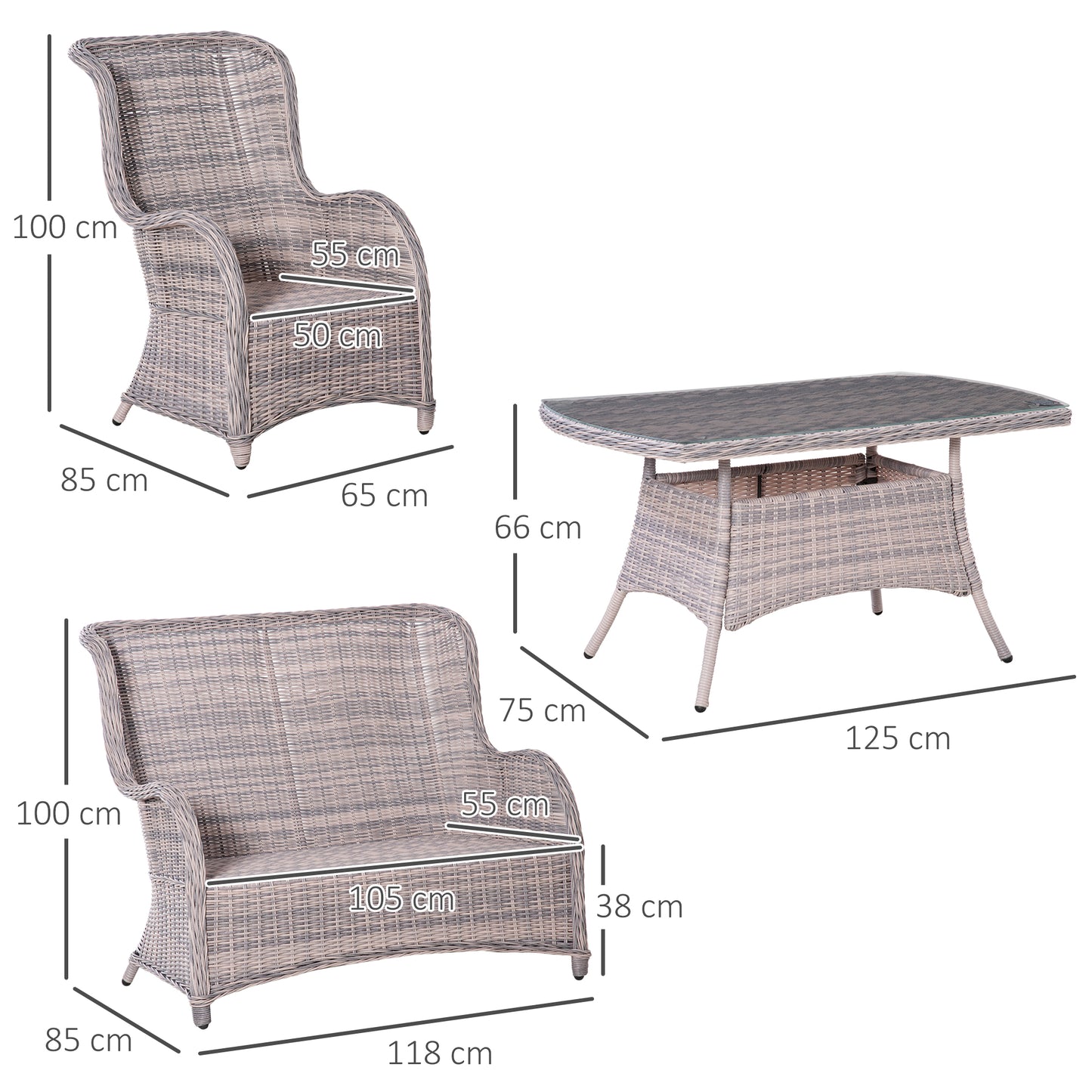 Outsunny Garden PE Rattan Sofa Set, Outdoor 4 Seater Wicker Furniture, High Back Chairs with Cushions, Tempered Glass Coffee Table for Lawn, Backyard, Mixed Grey