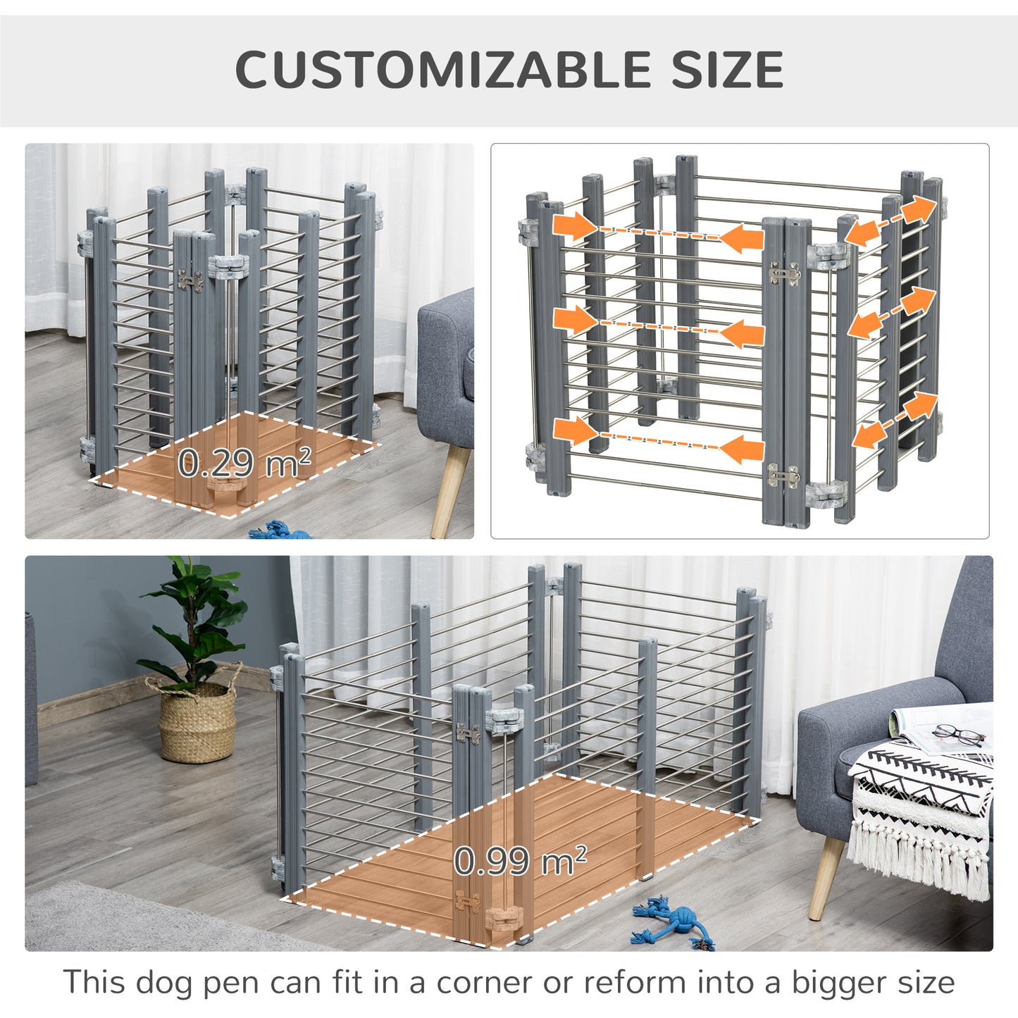 Dog Pen Adjustable Puppy Playpen Foldable Fence Indoor Outdoor Run Enclosure For Small Dogs With Gate Locks 64.5 Cm High Grey