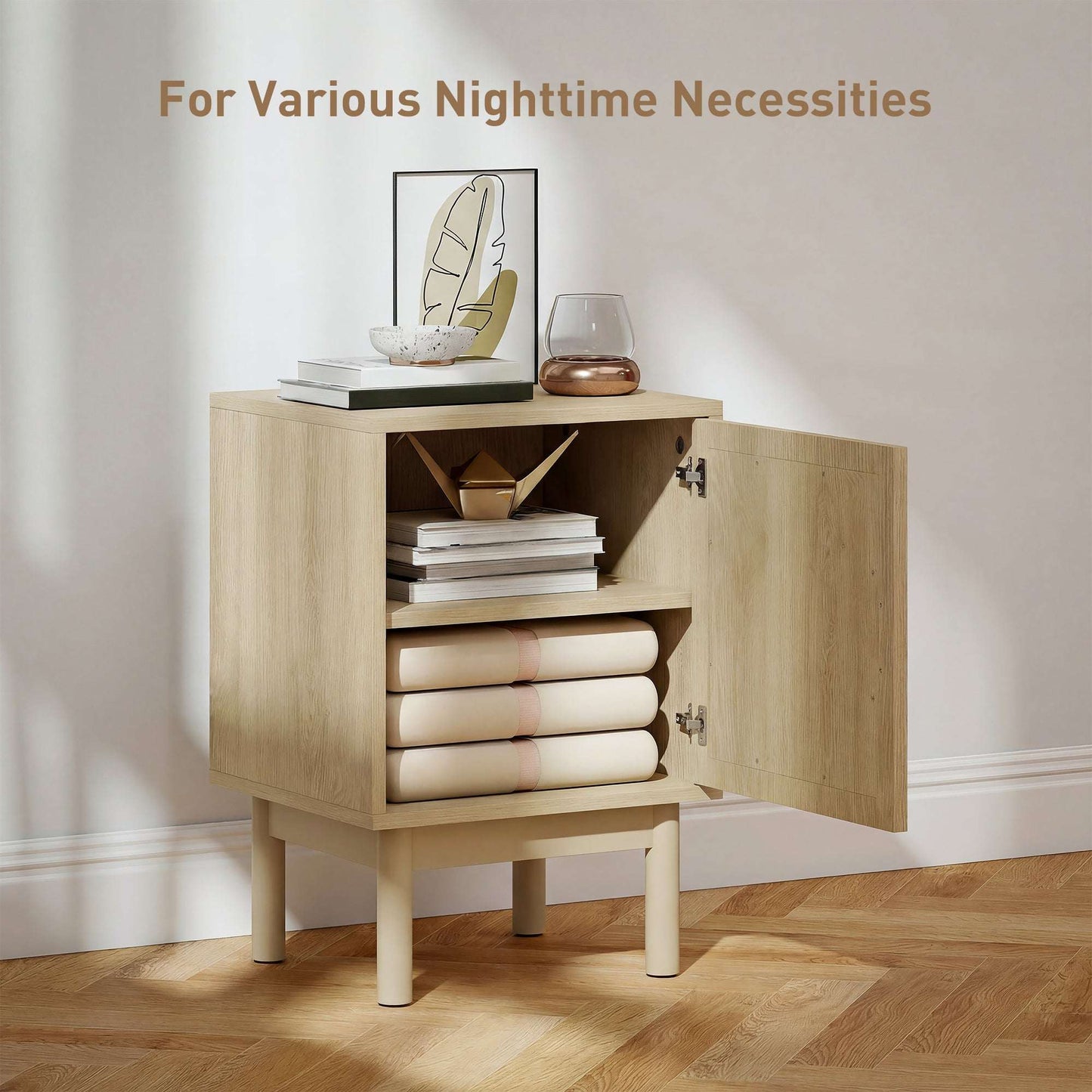 Boho Rattan Bedside Table | Arch Rattan Door | 2-Tier Cabinet | 3-Level Adjustable Shelf | Solid Wood Legs | Non-Slip Pads | 40kg Capacity | 40x35x58cm | Natural Wood