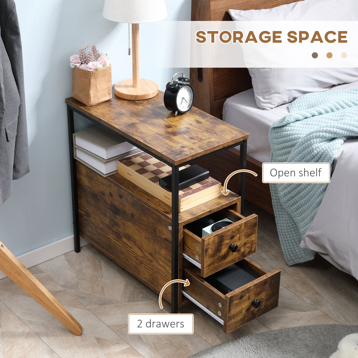 Set of 2 Side Table, Narrow Bedside Table with 2 Drawers and Storage Shelf, Industrial End Table for Small Spaces, Rustic Brown