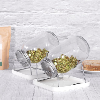 Maison & White Seed Sprouting Jar Kit Set of 2 | Glass Mason Jars Mesh Lids Ceramic Bases Steel Stands | Grow Broccoli Alfalfa Beans Microgreens | Dishwasher Safe | Food-Grade | 2-Year Warranty