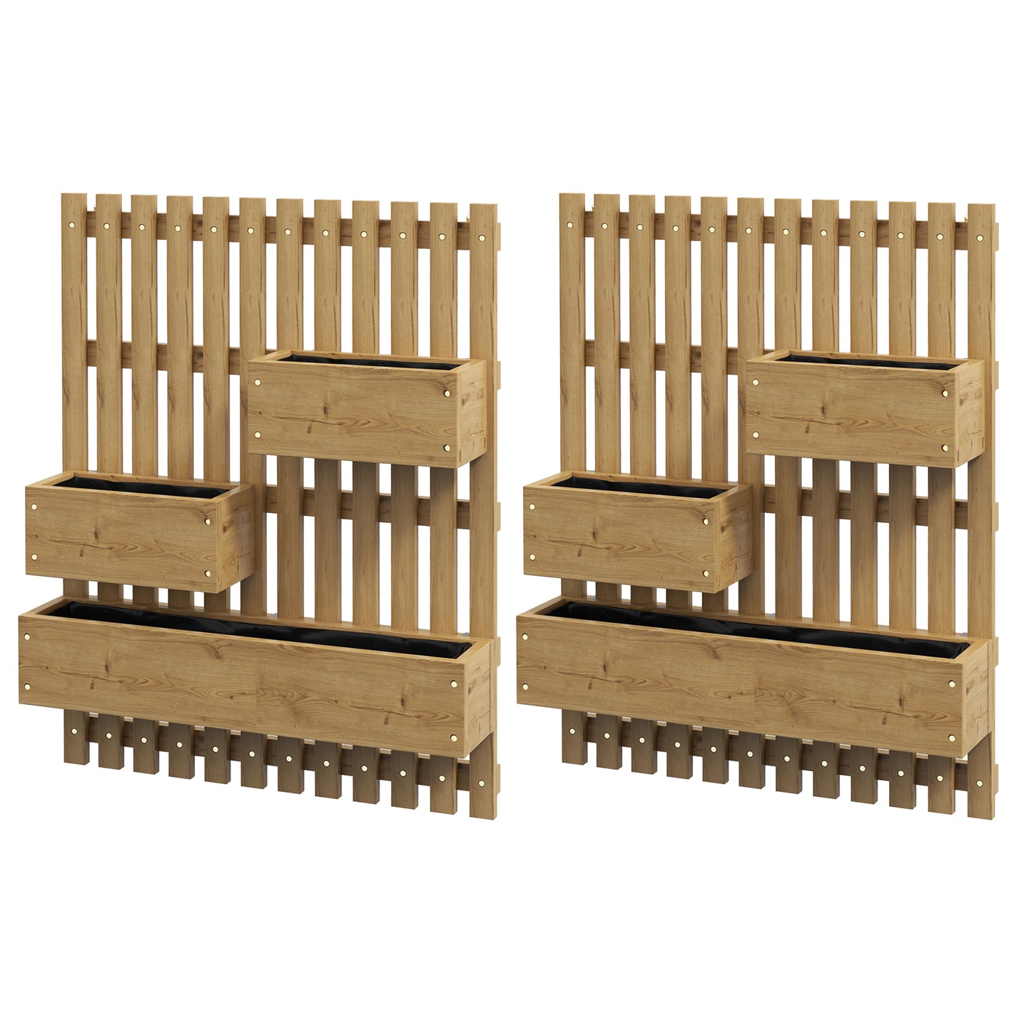 Set of 2 Wall-mounted Wooden Garden Planters W/ Trellis, Drainage Holes And Movable Planter Boxes, Wall Raised Garden Bed for Patio, Carbonised