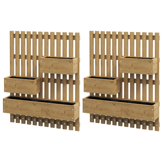 Set of 2 Wall-mounted Wooden Garden Planters W/ Trellis, Drainage Holes And Movable Planter Boxes, Wall Raised Garden Bed for Patio, Carbonised