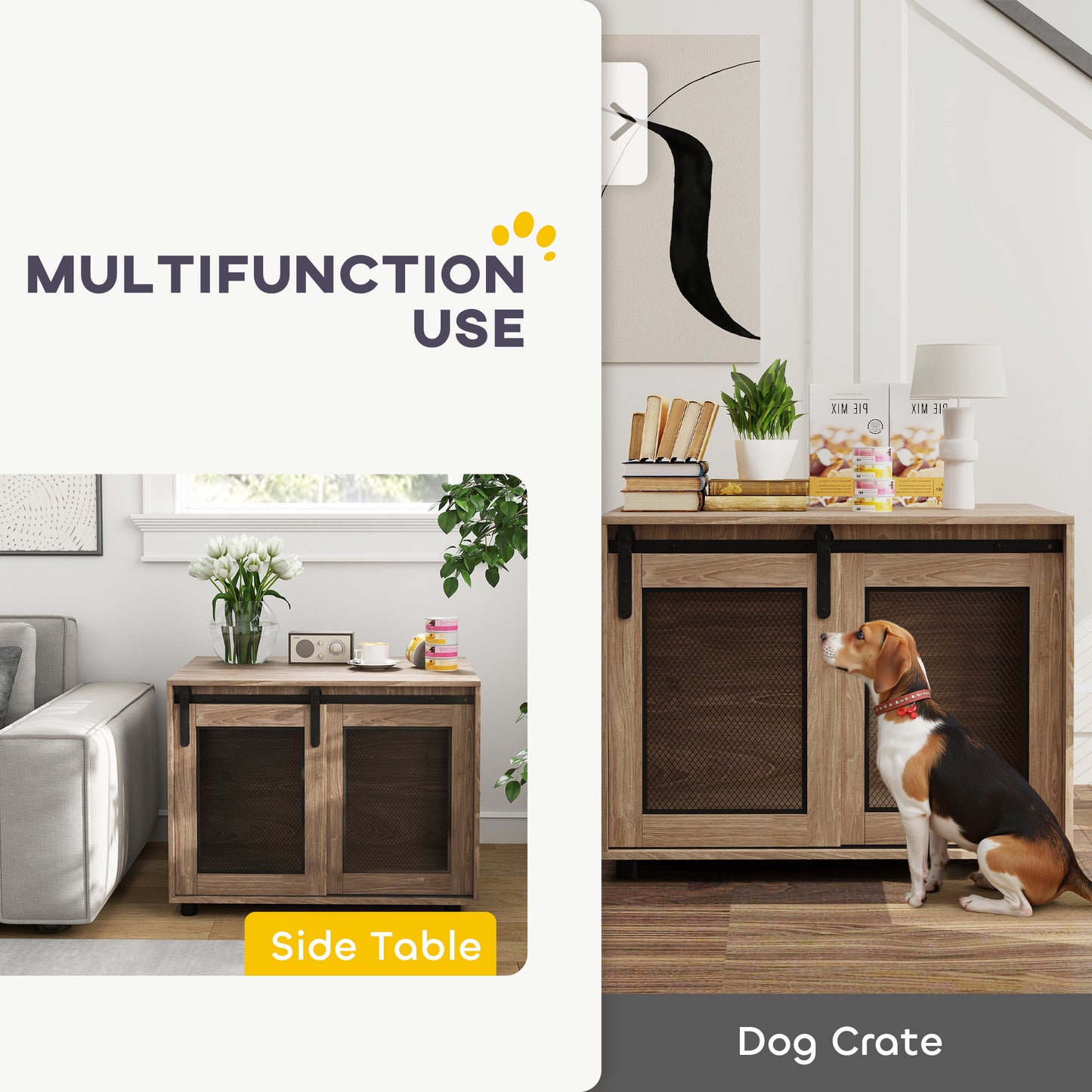 Dog Crate Furniture Side Table | Barn Door & Side Door | 3-Sided Ventilation | Medium Dogs up to 20kg | 80 x 58.5 x 63cm | Walnut Brown