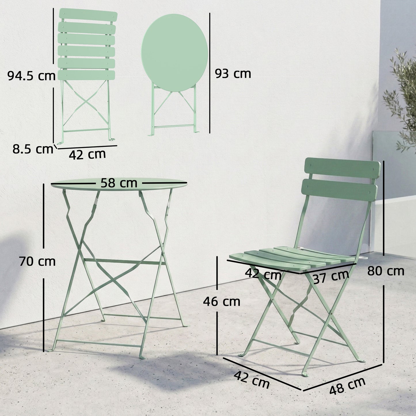 3 Piece Folding Garden Bistro Set | Round Table & 2 Chairs | Electrophoresis Powder Coated | Slatted Seat | No Assembly | 120kg | Light Green