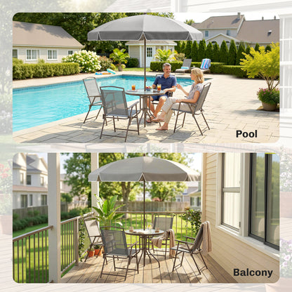 6-Piece Garden Dining Set with Parasol | 4 Folding Mesh Chairs | Glass Table | Ø170cm Parasol | Dark Grey
