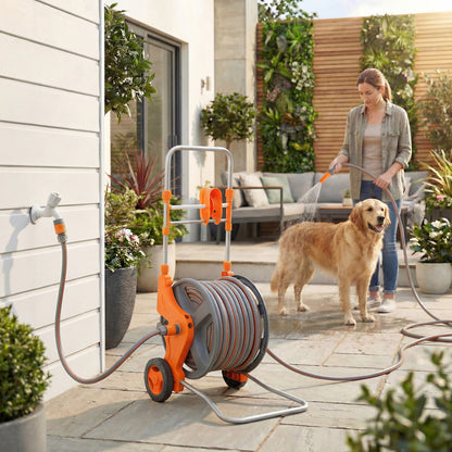 Garden Hose Reel Cart on Wheels | 45+2m | Dual-Mode Nozzle | Manual Crank & Built-In Guide | Weather-Resistant PVC | 8 Bar Working Pressure | Freestanding | 45x44x78cm | Orange
