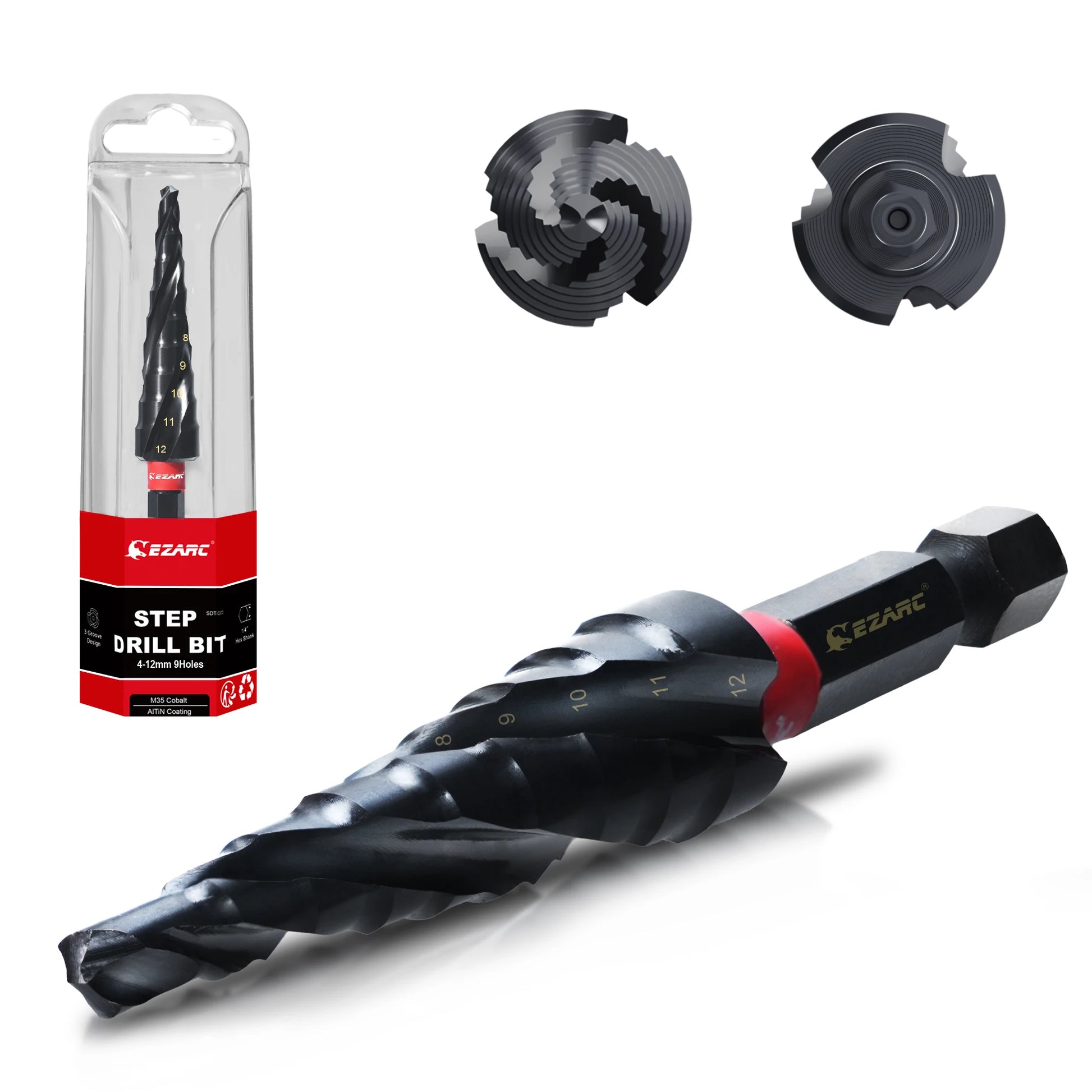 EZARC Step Drill Bit for Metal, 4-12Mm M35 Spiral Flute Unibit Step Drill Bit 1PC, Wear-Resistant Altin Coated Universal Bit