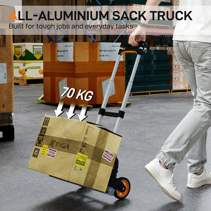 Folding Sack Truck, 70kg Lightweight Hand Truck with Wheels, Foldable Trolley Cart with Telescoping Handle for Warehouse, Office, Luggage, Silver Tone