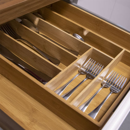 Maison & White Bamboo Extending Cutlery Tray | 6–8 Compartments | Adjustable Drawer Organiser, 29–46cm Wide | Natural Bamboo, 41cm Long