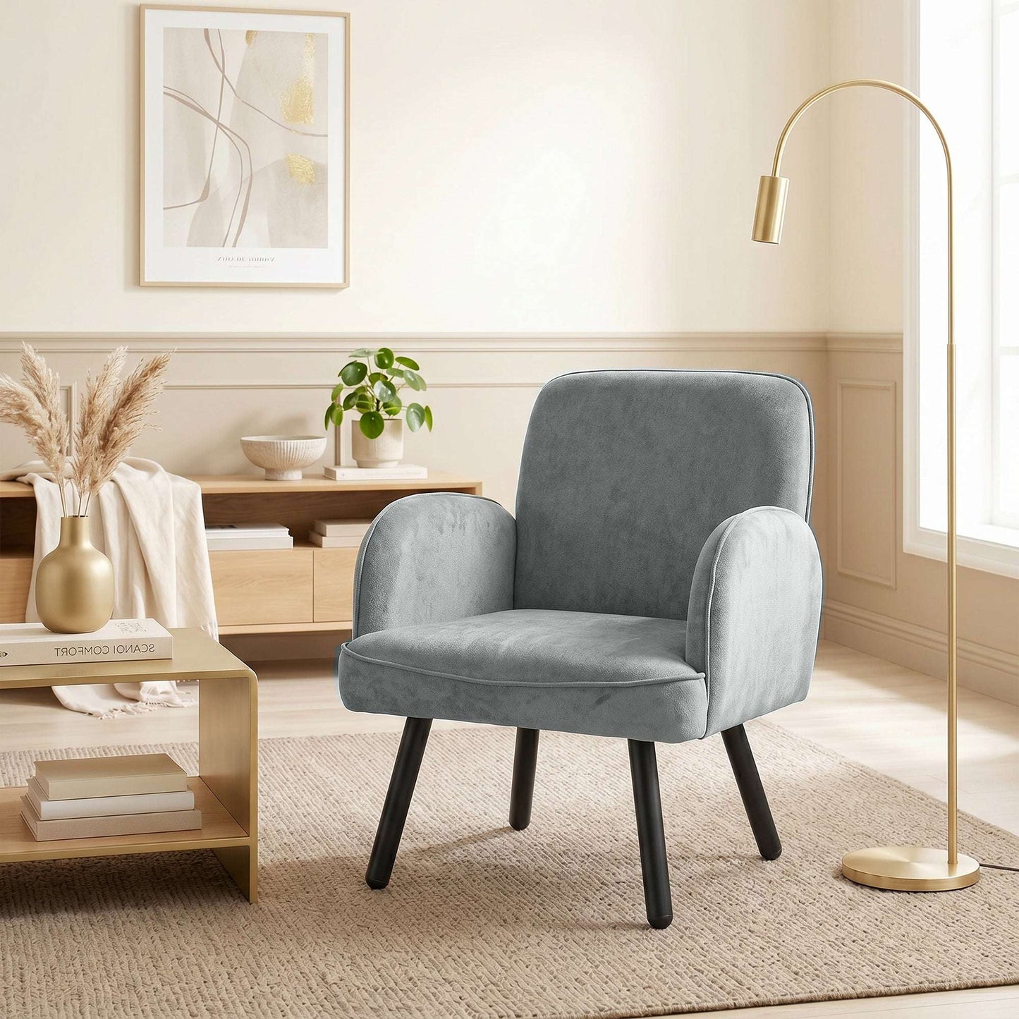 Velvet Upholstered Accent Armchair | 12.5cm Pocket Spring Seat | Carbon Steel Frame | Adjustable Feet | 120kg Capacity | 64x64x79.5cm | Grey