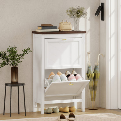 Farmhouse Narrow Shoe Cabinet | 2 Flip Drawers | Gold Handles | White | 96.7cm