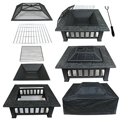 Outdoor Fire Pit - Metal Brazier Square Table Firepit Garden Patio Heater/BBQ/Ice Pit with Waterproof Cover 3 In 1