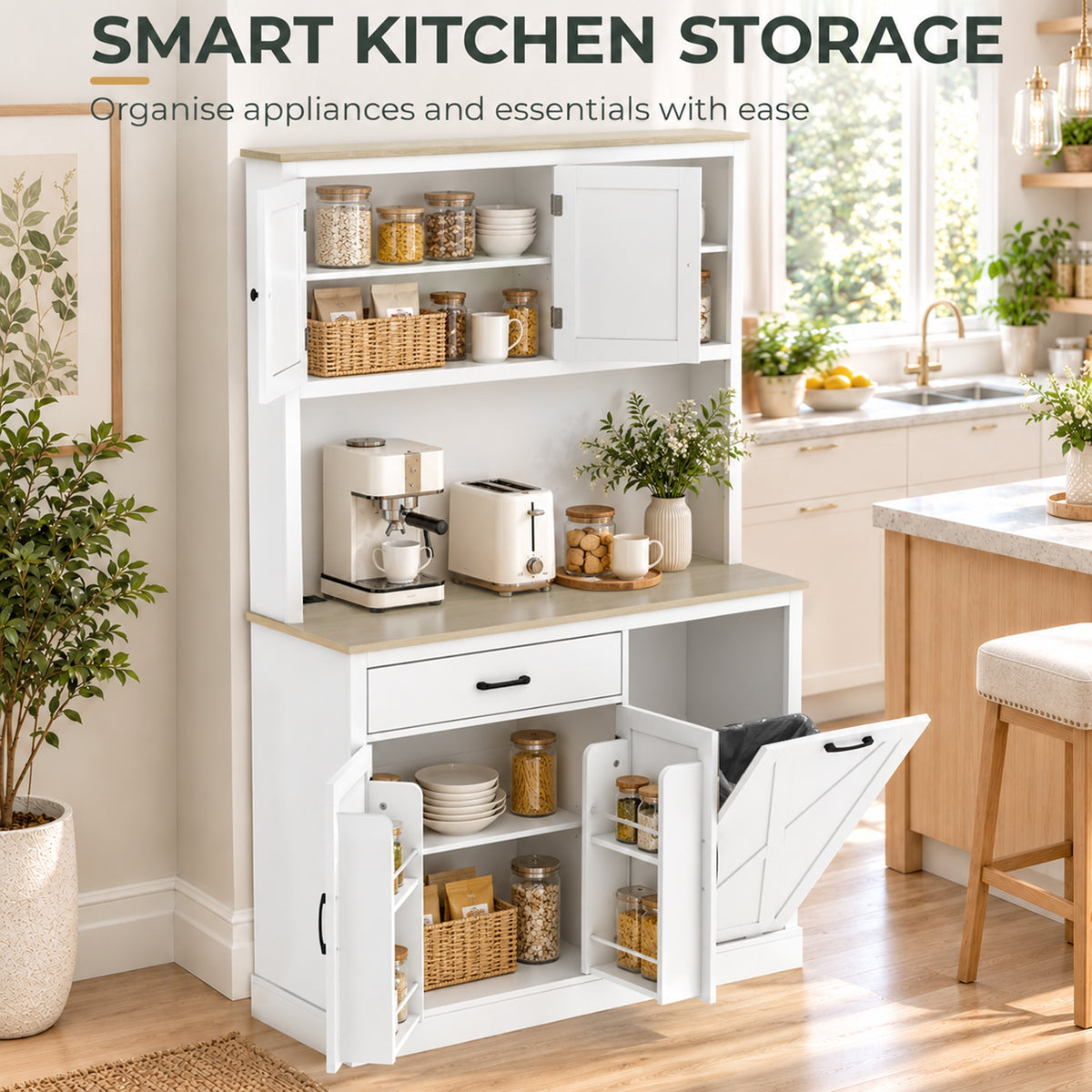 Kitchen Pantry Cabinet | 112W x 175H cm | Barn-Style Doors, Drawer, Spice Racks & Tilt-Out Bin Storage | White & Oak-Effect