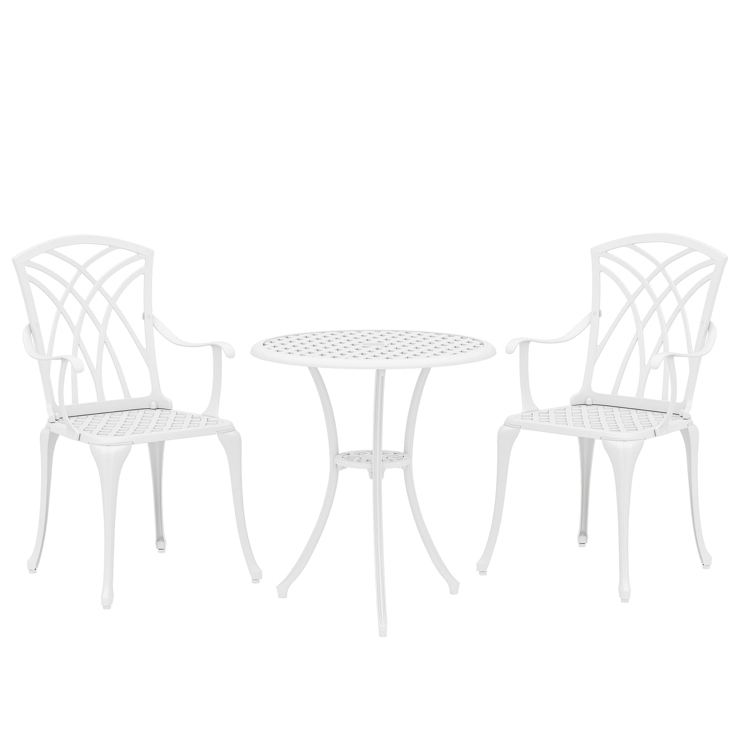 3 Piece Cast Aluminium Garden Bistro Set | Round Table Dia 61cm | Parasol Hole | 2 Chairs | Cut-Out Back Design | Adjustable Feet | 120kg | White