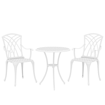 3 Piece Cast Aluminium Garden Bistro Set | Round Table Dia 61cm | Parasol Hole | 2 Chairs | Cut-Out Back Design | Adjustable Feet | 120kg | White