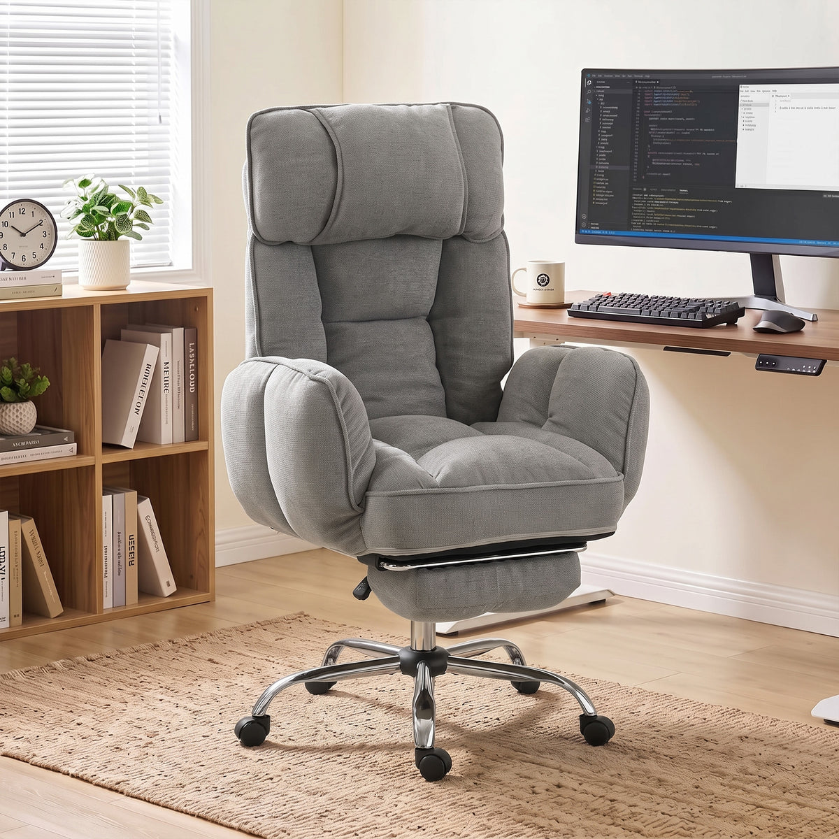 Reclining Office Chair | Grey Linen-Look Fabric & Pocket-Sprung Seat | 135° Recline, Pull-Out Footrest & 5-Position Flip-Up Arms | Height Adjustable